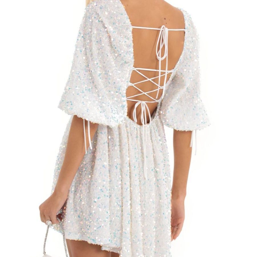 Large loose version sequined skirt, summer casual style square neck short sleeved solid color big swing dress
