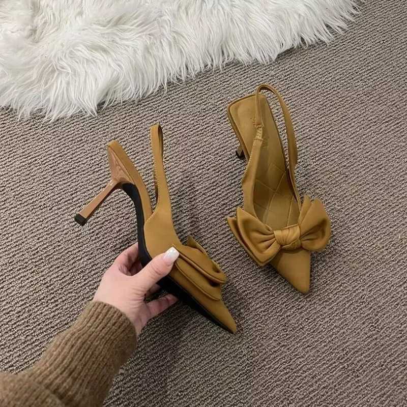 Womens shoes 2024 summer new bow womens suspender heel womens sexy dress thin toe womens high heelsXJ250410