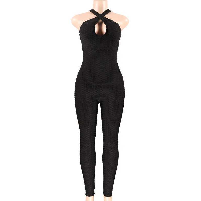 Sexy backless jumpsuit for women solid fitness push up yoga set elastic seamless jacquard bubble gym sportswear workout clothesW250411