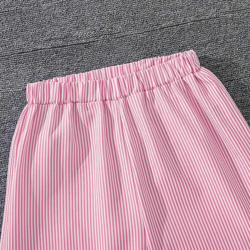 Childrens clothing set suitable for girls aged 4-12 pink striped long sleeved lapel cardigan cardigan and pants daily waist comfort setXJ250410