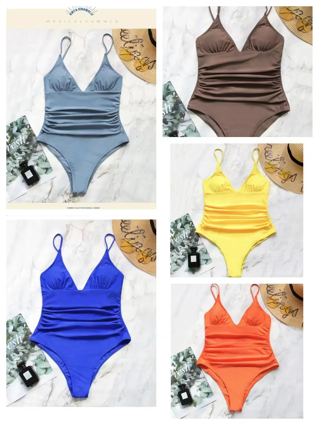 Cross-Border Bikini Sexy Deep VSolid Color One Piece Swimsuit Womens Sweet Solid Color One Piece Swimsuit 250410