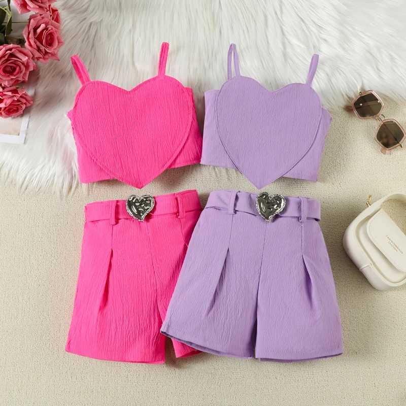 Childrens and Girls Summer Clothing Set Solid Color Sleeveless Heart shaped Crop Top+Belt Shorts 2PCS Childrens Casual ClothingXJ250410