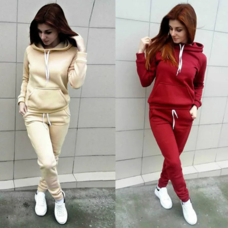Solid Women Tracksuit Casual Hoodies Sweatshirt Pant Set Lounge Wear Sport Suit 2PCS Autumn Winter Clothes 251105