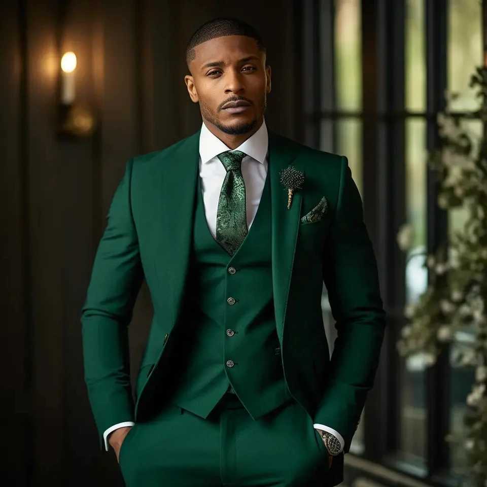 Formal Jade Green 3-piece mens elegant Peaked lapel jacket+vest+pants wedding groom tailcoat custom business set W250410