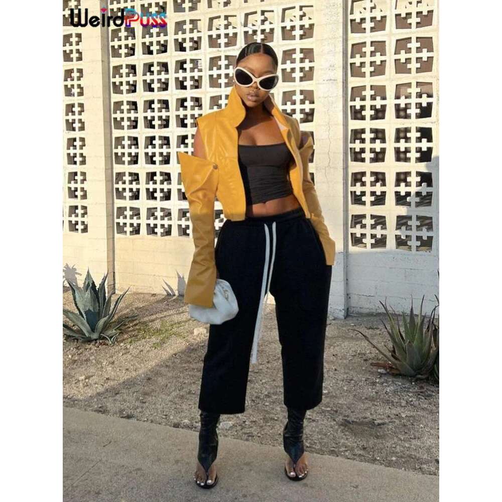Weird Puss PU Hipster Crop Jacket Women Hollow Long Sleeve Cardigan Autumn Wild Basic Streetwear Patchwork Stripe Y2k Trend Coat