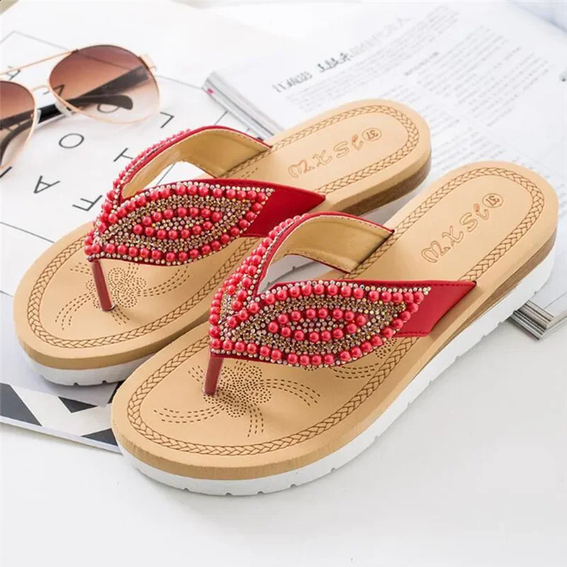BEYARNE Fashion Womens Beach Slide Pearl Leaf Womens Sandals Casual Non slip Flat Flip Womens Slippers 250408