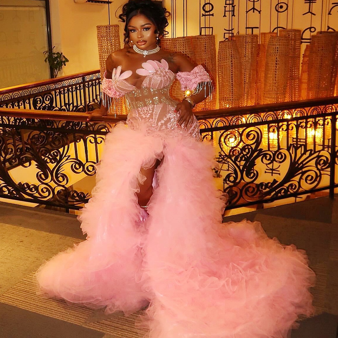 Pink Mermaid Prom Dresses 2025 Appliques Beaded Lace Tiers Evening Formal Party Second Birthday Engagement Gowns Plus Size Dress For Special Occasions