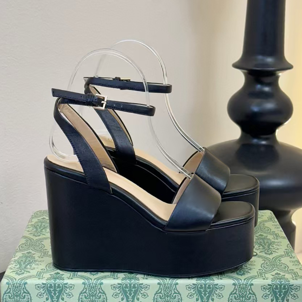 Super High wedge platform sandals Women's ankle strap Metal buckle decoration exposed toe Flats jacquard weave pumps luxury designer high heels 35-42 with box