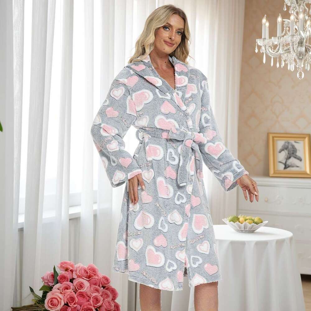 Women's Winter Pajamas Coral Fleece Thickened Sleeve 2025 New Hooded Robe Flannel Loungewear Long Style Warm Luxury
