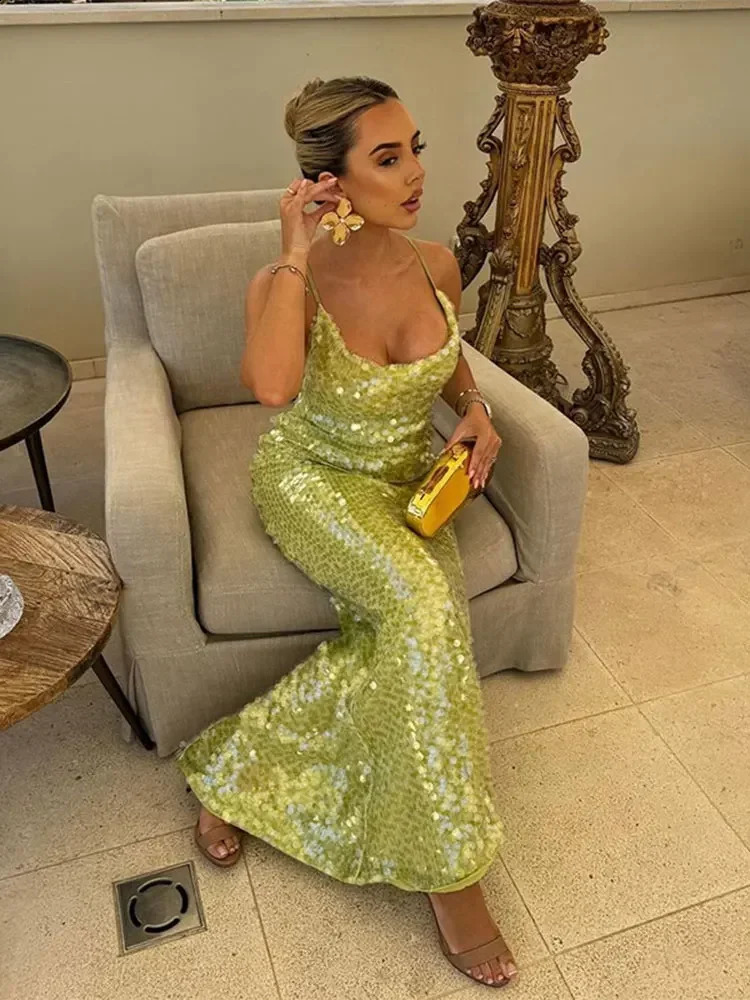 Green sexy backless sequin Maxi dress elegant womens shoulder square neck body party dress summer chic womens evening dress 250411
