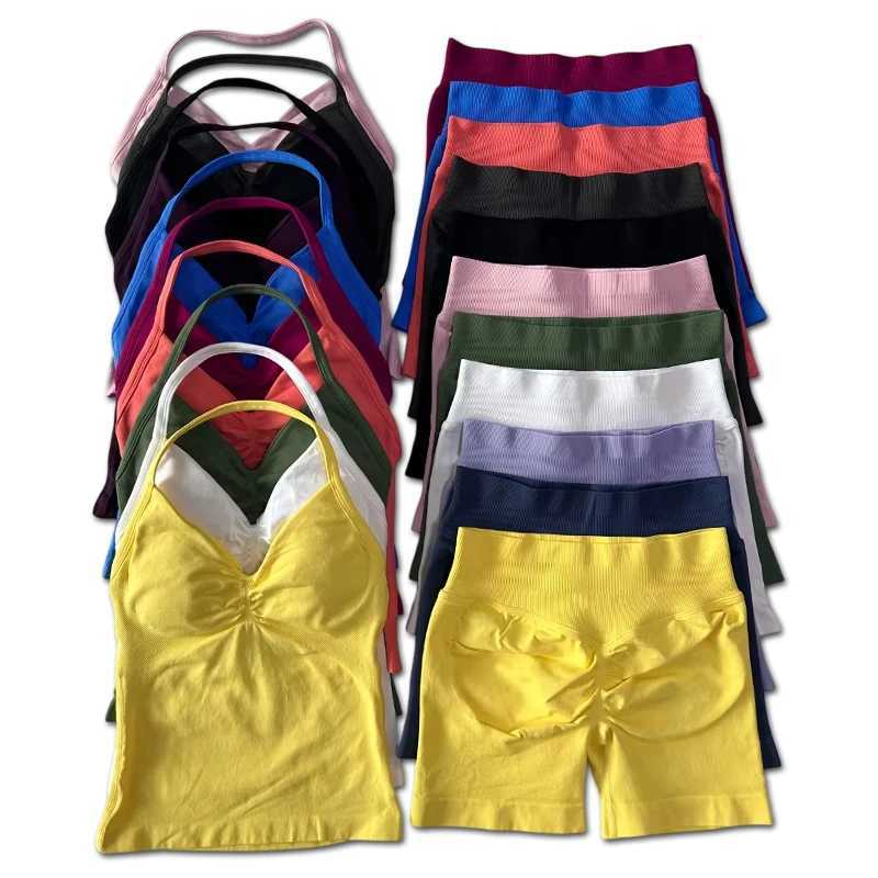 2pcs Impact Gym Set Womens Backless Tank Top High Waist Threaded Seamless Shorts Gym SetW250411