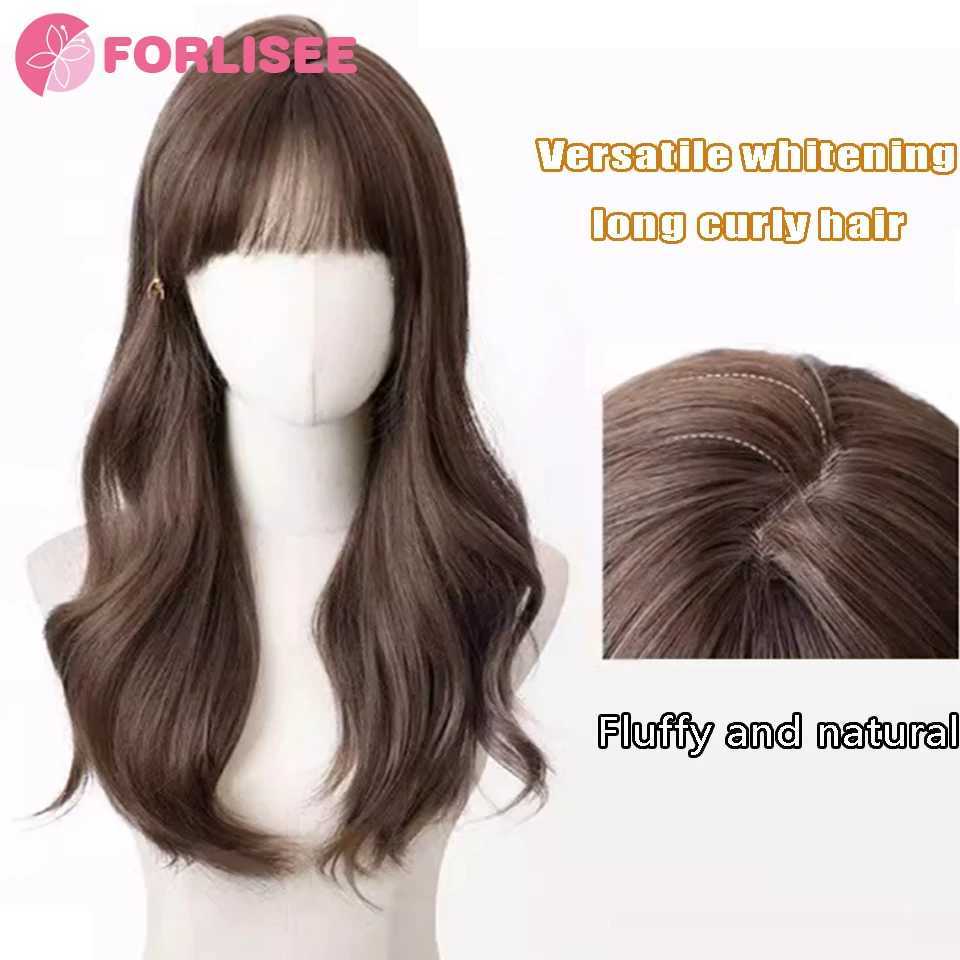 FORLISEE 23-inch Long Curly Hair Synthetic Fluffy Atmosphere Natural Full Bangs Long Curly Chemical Fiber Heat-resistant WigT251111