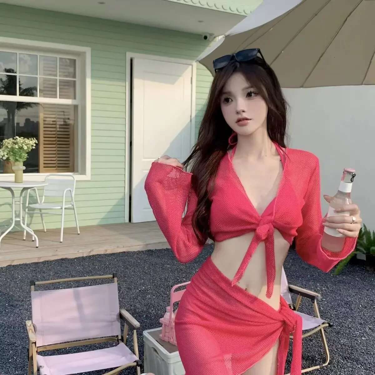 Sexy 4 Piece Lace Bikinis Set Women Swimsuit Solid Long Sleeve Cover with Skirt Swimwear New Push Up Bathing Suit Bikini