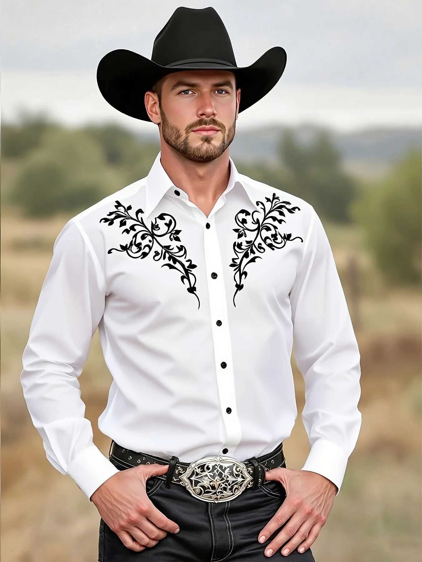2025 Mens Tribal Pattern Long Sleeve MenS Black Western Cowboy Shirt Western Event Attire Stylish MenS Shirt Slim Fit Shirt K251110