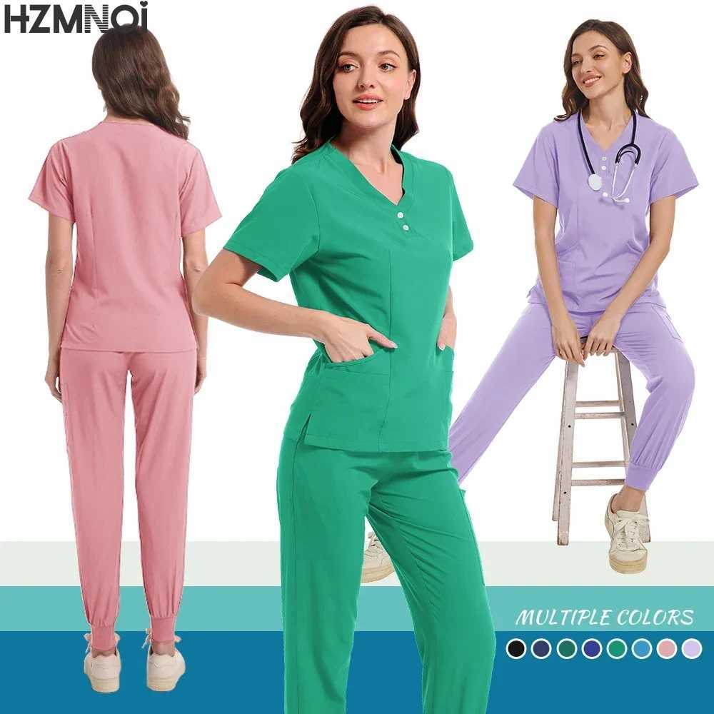 Scrubs Uniform Suit Short Slve V-neck Tops+jogger Pants Set Nursing Uniform Women Multicolor Pet Doctor Scrub Medical Workwear X250410