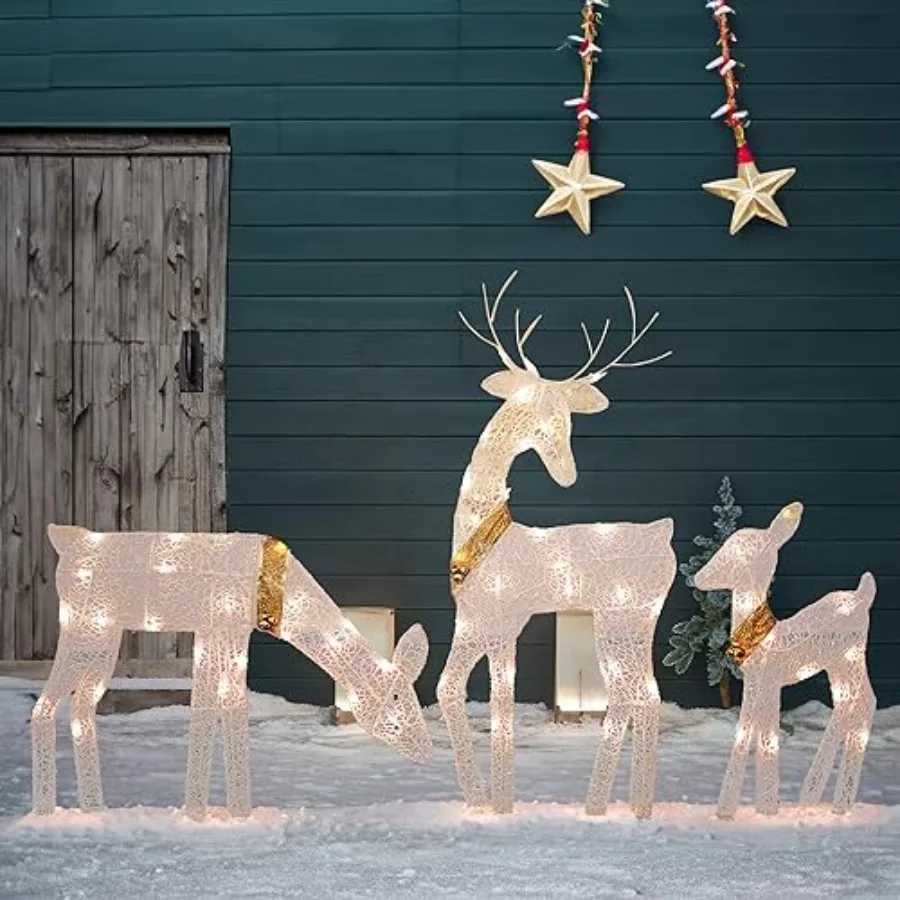 Christmas Christmas Outdoor Decoration 3Piece Lighted 2D Reindeer Family with 60 Lamps PreLit Light Up Deer Set Waterproof Y251111