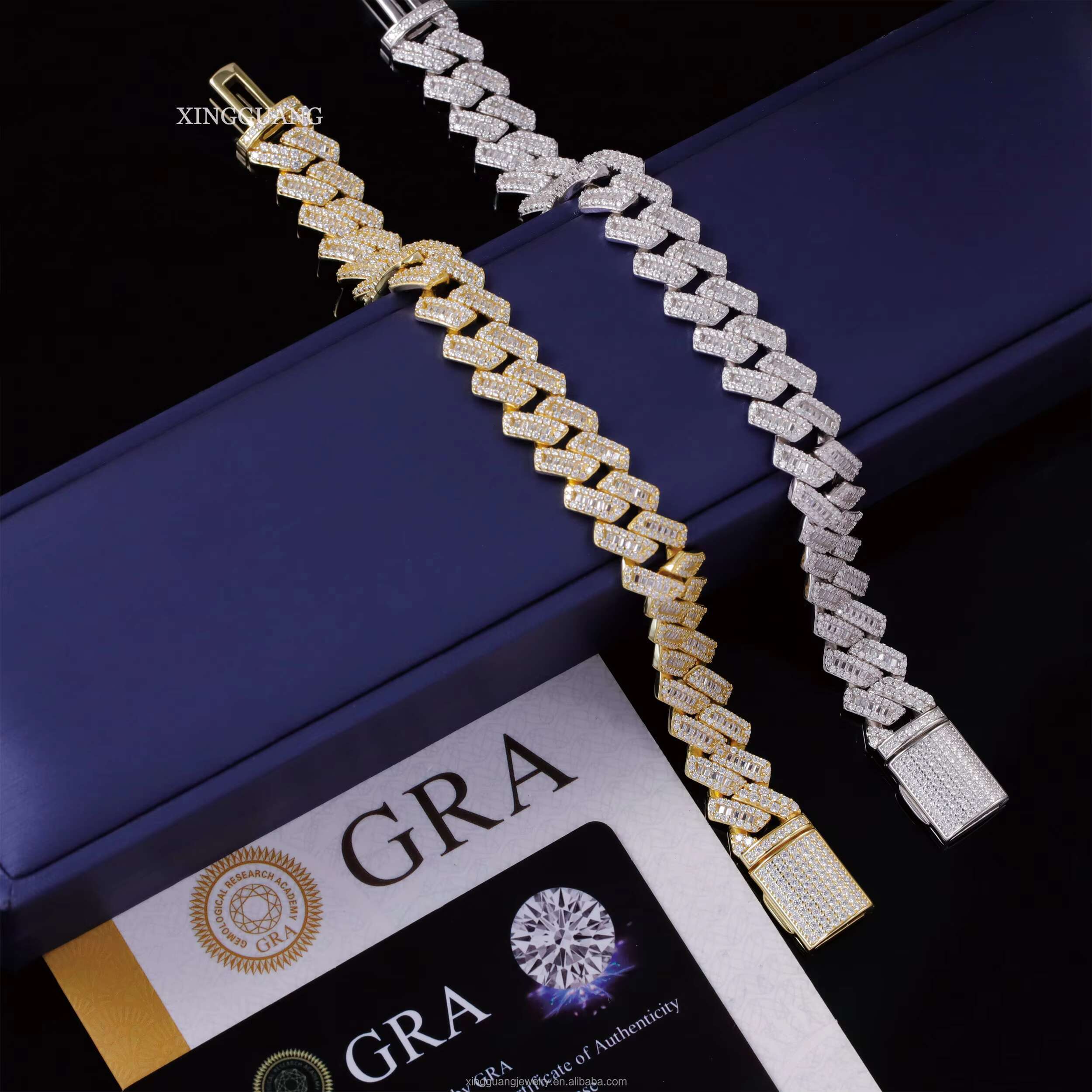 Pass Diamond Tester Hip Hop 13mm Width Iced Out Baguette Moissanite Silver with Gold Plated Cuban Link Chain Bracelet for Men