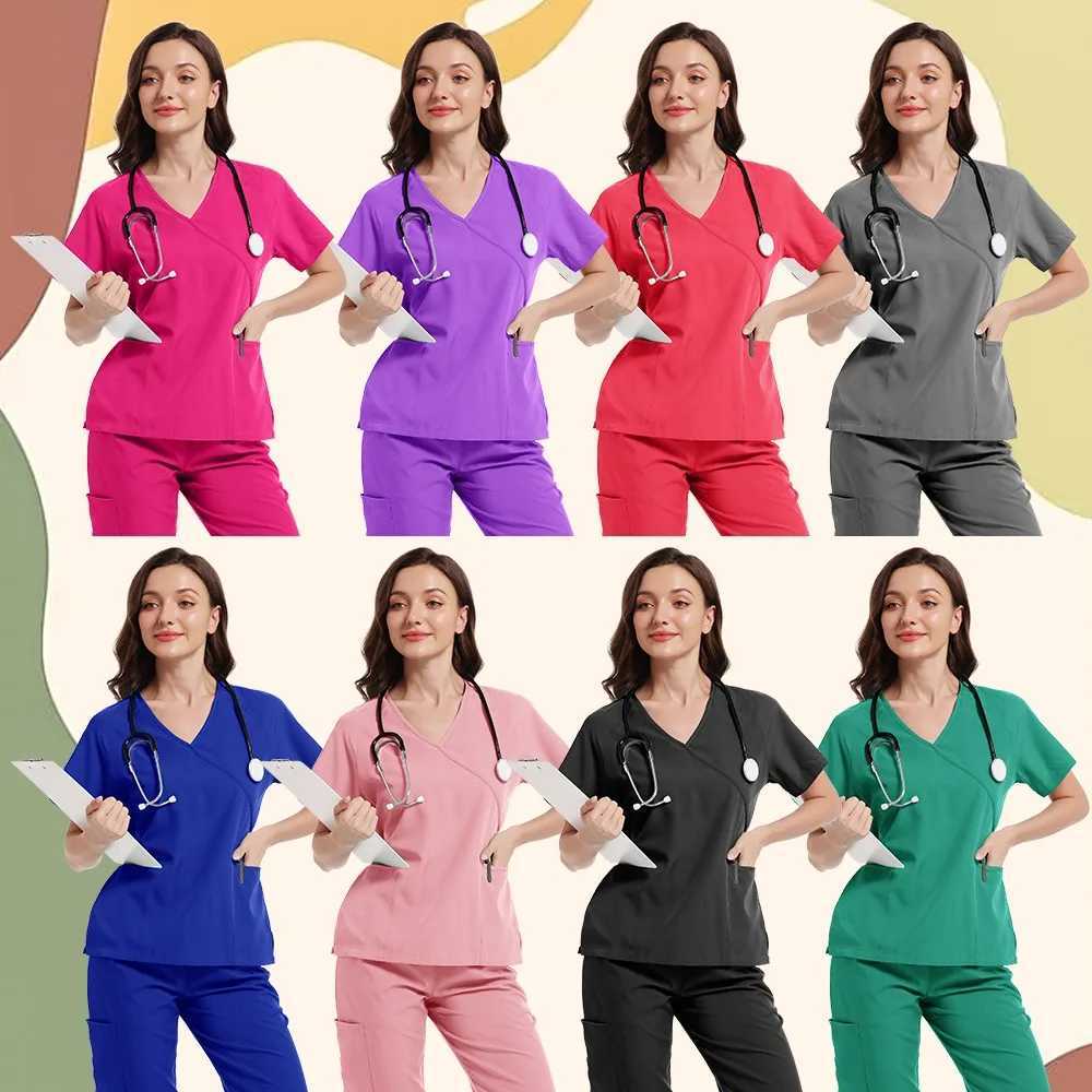 Women Medical Uniforms Elastic Beauty Workwear Blouse+Straight Pants Hospital Scrubs Set Surgical Tops Pants Nursing Accessories X250410