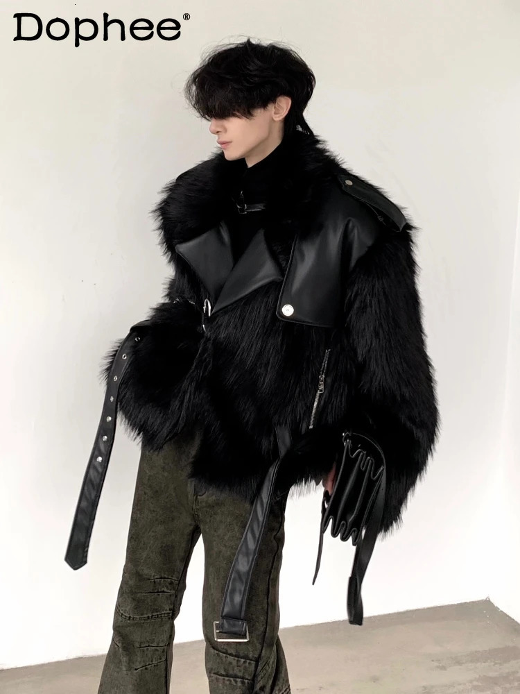 High-end Mens Black Mink Plush Faux Fur Coat Mens Winter Fur Integrated Thickened Jackets Trendy Male Long Sleeve Coats 251105