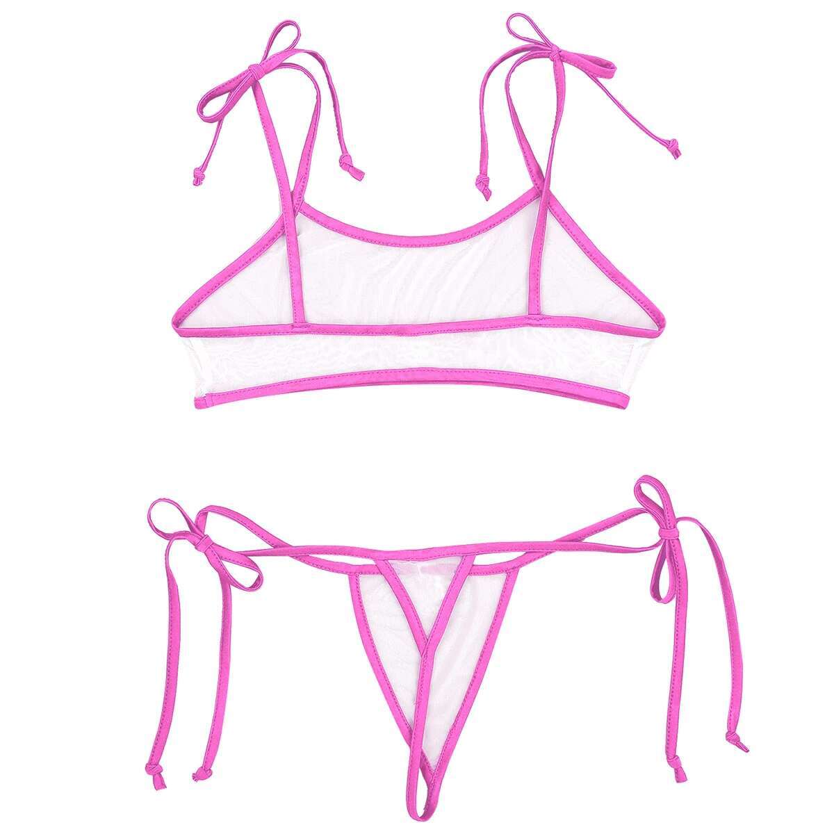 Womens See Through Mesh Mini Brazilian Swimsuit Halter Self-tie Micro Bra Top String Thong Bikini Set Swimwear