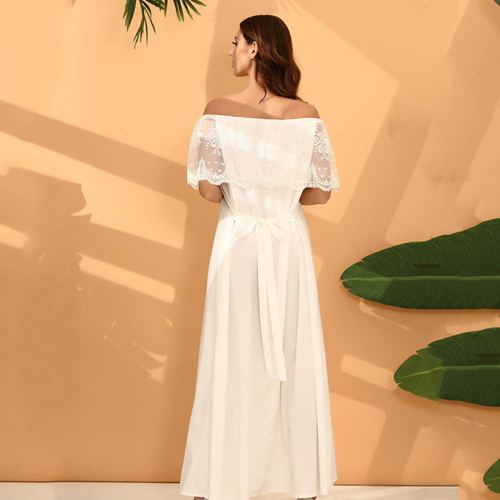 2025 Summer Elegant White High Waist Open Back Off Shoulder Hook Flower Hollow Lace Long Dress