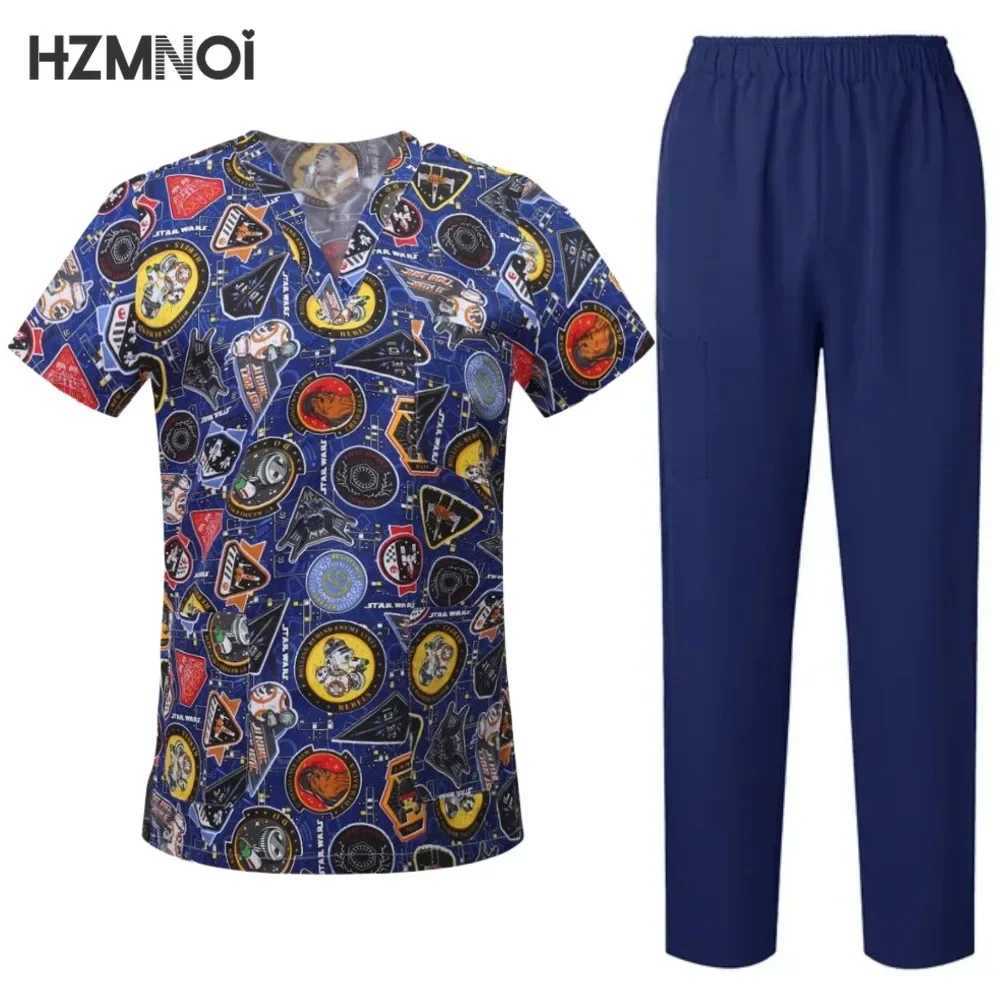 Surgical Uniforms Woman Printing Blouse Pockets Pants Medical Scrub Set Beauty Sn Workwear Clinical Scrubs Top+Pants Spa Suit X2504101