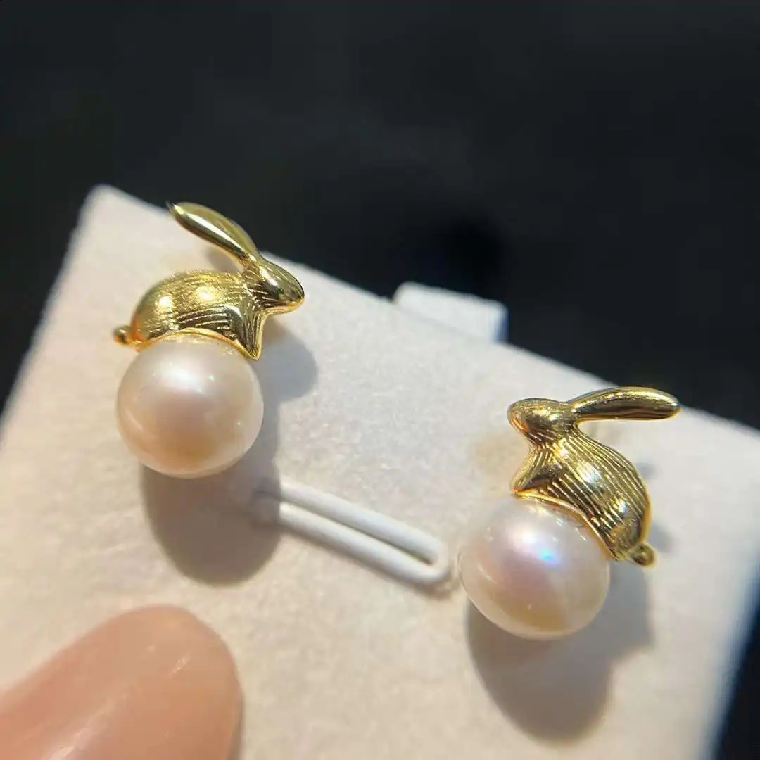 925 sterling silver earrings rabbit earrings 7-8MM natural round freshwater pearl earrings pearl jewelry 250409