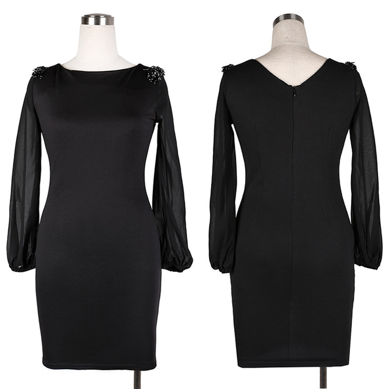 Quick Buy Autumn New Large Women's Chiffon Long Sleeve Shoulder Beaded Dress