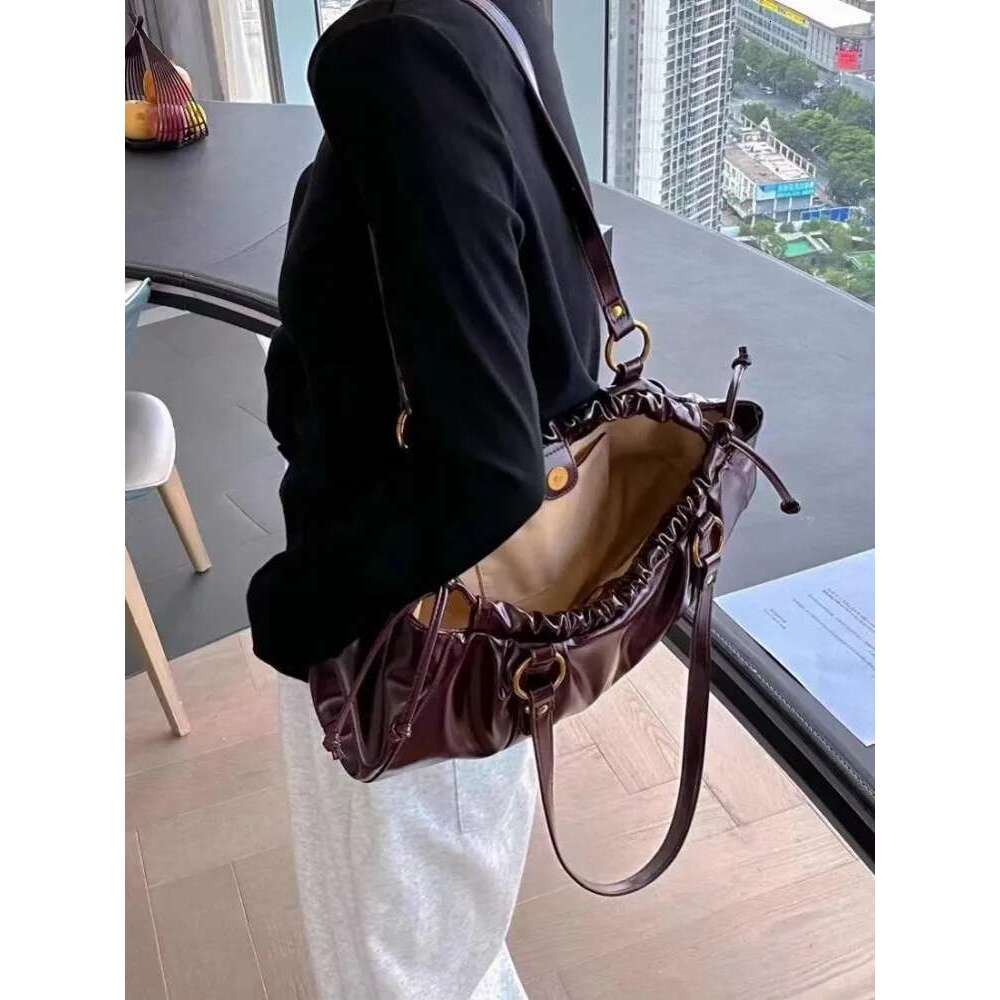 Elegant Women Underarm Pleated Hasp Hobos Office Ladies Work Shoulder Bag Vintage Cow Split Leather Bags New Totes Handbag
