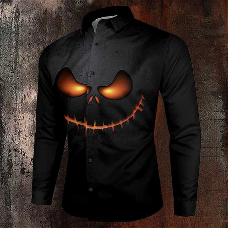 Halloween Long Sleeve Shirt Mens 3D Printed Pumpkin Head Pattern Shirt Fashion Casual Comfortable Party Dress 2024 Mens Street K251110