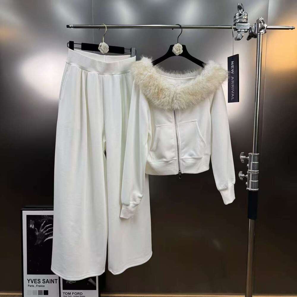 2025 Autumn American Retro Style Fur Collar Asymmetrical Shoulder Sweatshirt Jacket + Wide Leg Long Pants Casual Two-Piece Set