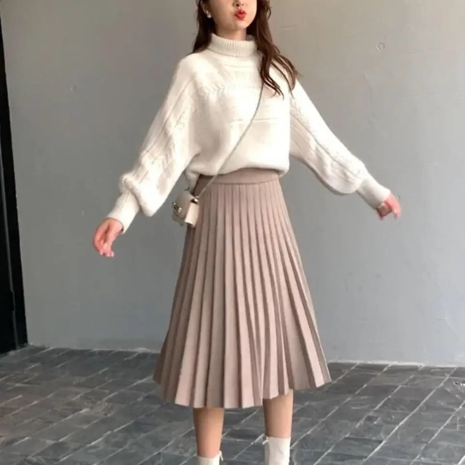 Elegant and fashionable solid color knitted pleated skiing autumn winter ALine trend fullcolor elastic high waisted womens clothing 250407