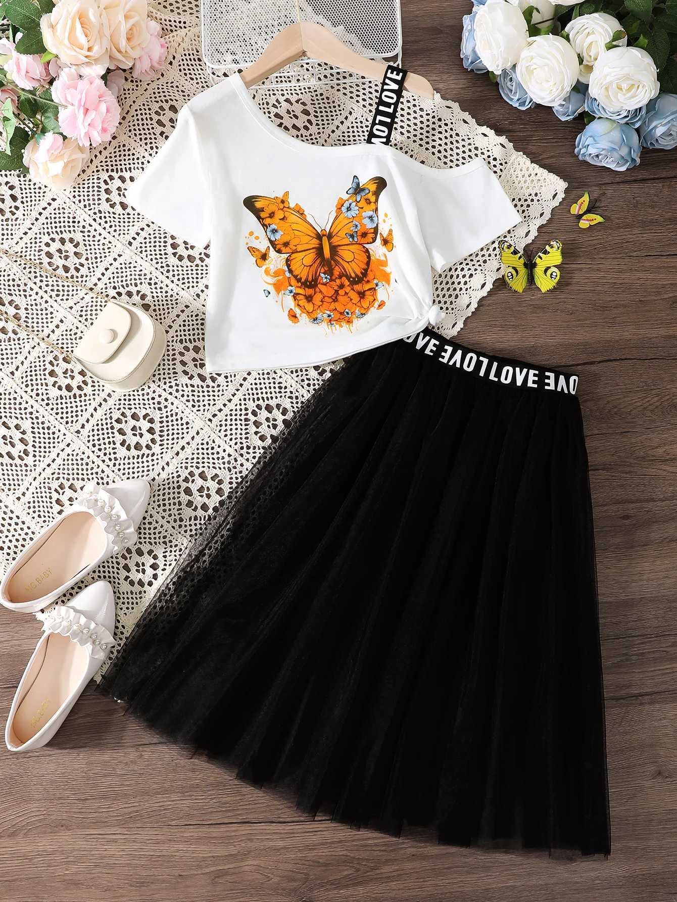2PCS Summer Childrens Girls Clothing Set Short Sleeve Shoulder Strap T-shirt+Mesh Skiing Academy Sleeve Childrens Girls Clothing 8-12 Years OldXJ25041