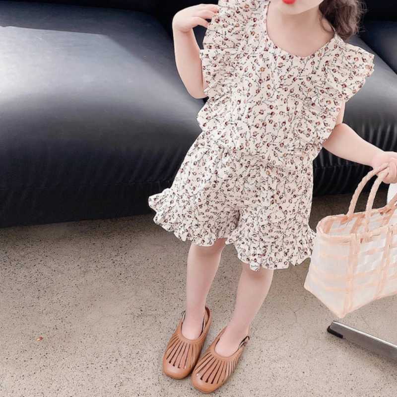 2024 Baby and Girl Summer Clothing Set Printed Flower Shirt+Shorts Childrens Girl Birthday Princess 2-piece Set Childrens ClothingXJ250410