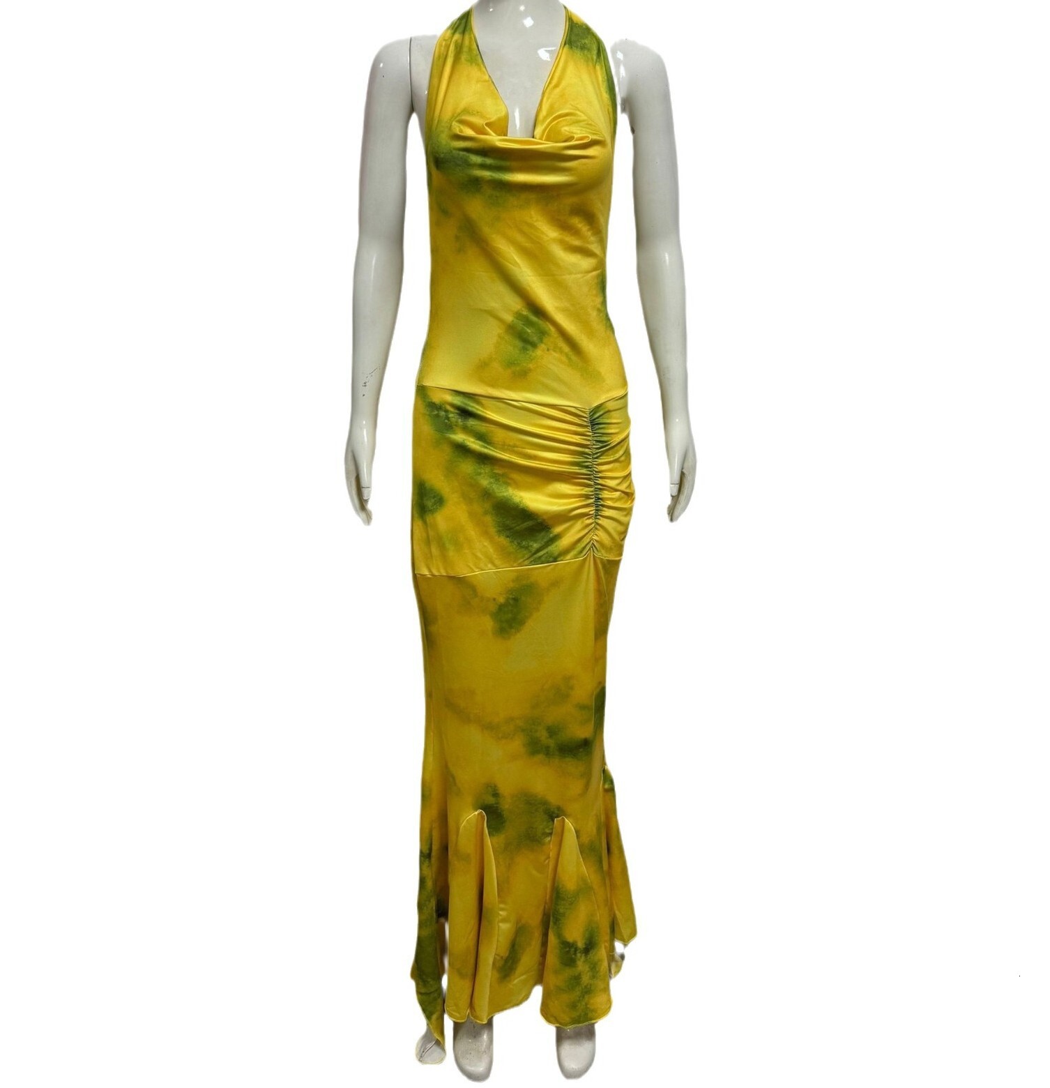 Women's new suspender French light mature style hanging neck deep V-print long dress