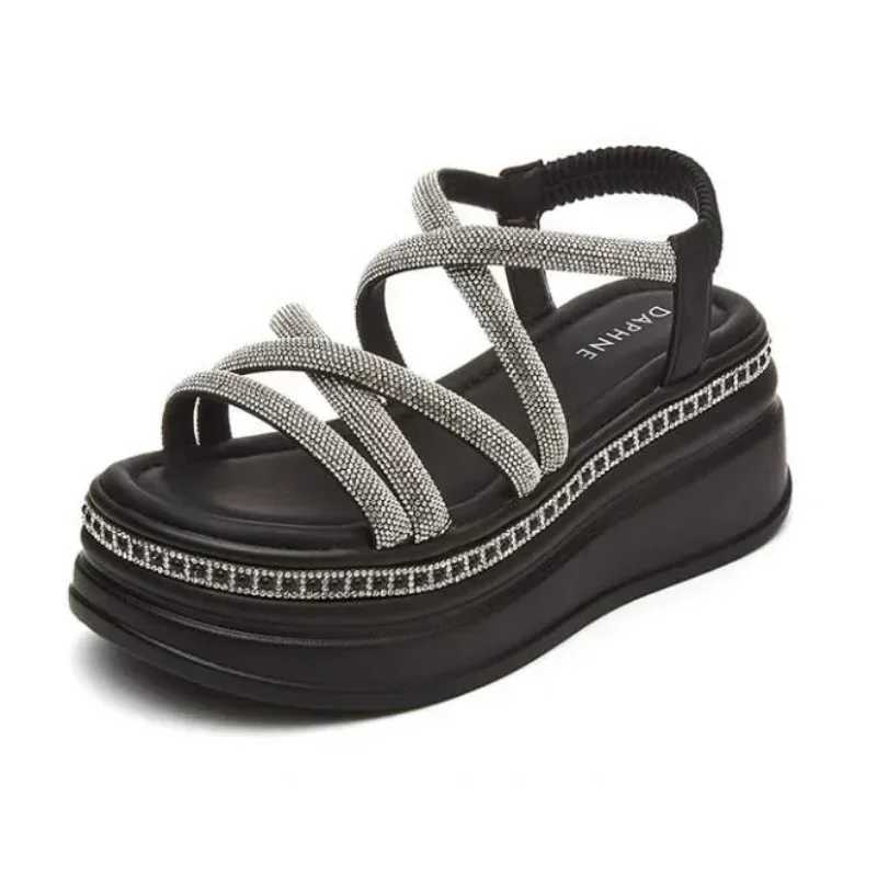Hot womens platform shiny sandals new summer 7.5CM high heels womens crystal wedge beach walking shoes slippers sandalsXJ250410