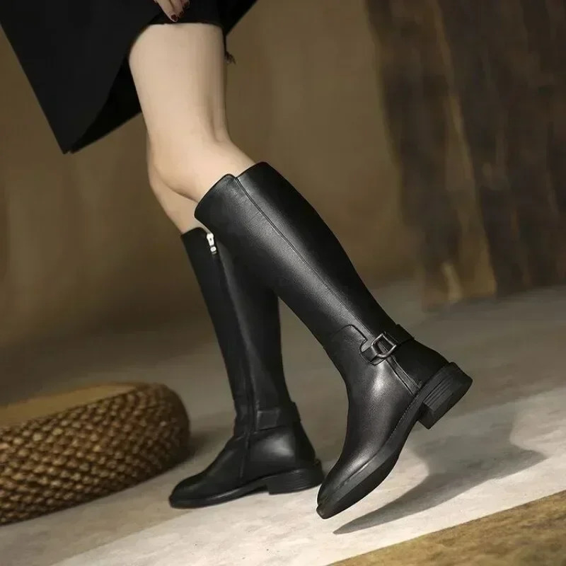 Female Winter Leather Long Boots Trend Spring Autumn Knee High Boot Women Comfortable Low Heels Black Shoes 251110