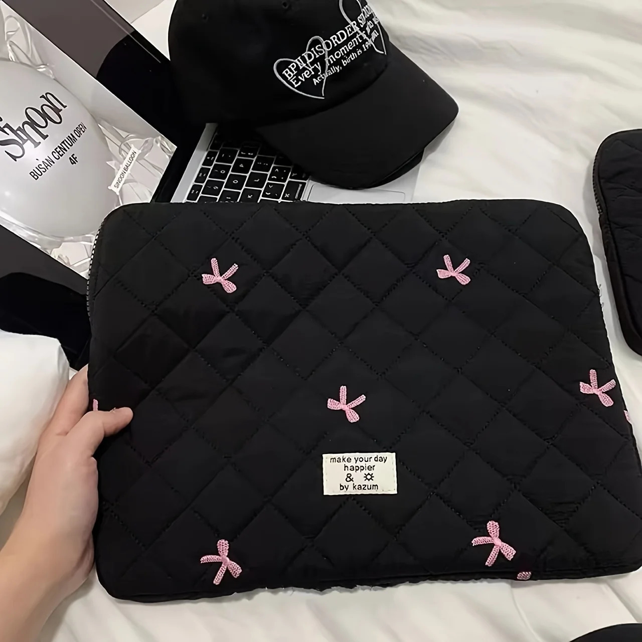 Puffy Laptop Sleeve Bag Embroidered Bow Notebook Carrying Case For ASUS HP 13-14.2 Inch Girl Computer tablet Bag 250407