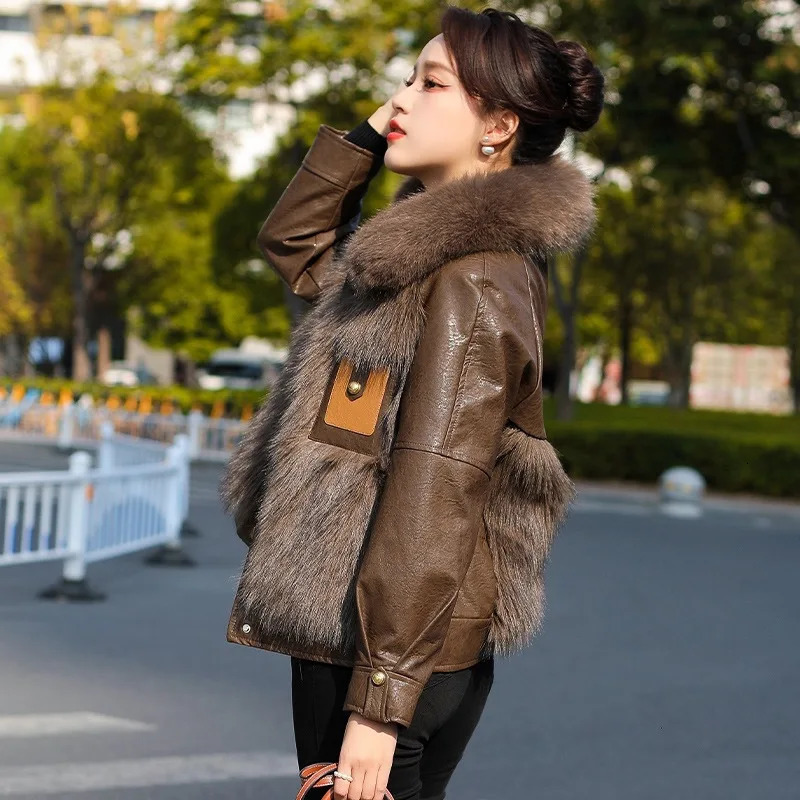 Women Faux Fur Leather Coats Thick Warm Coat Patchwork Single Breasted Jackets Full Sleeve Solid Casual Elegant Splice 251103