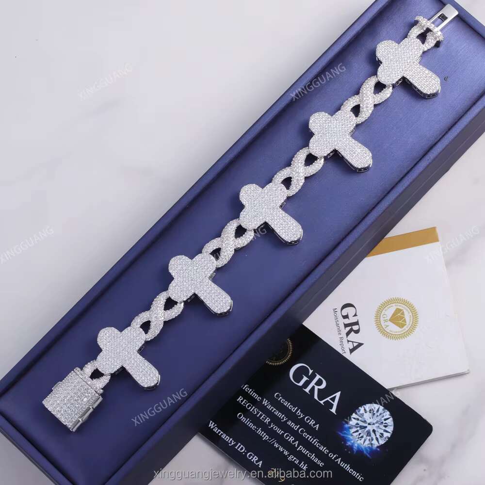 Fine Jewelry S925 Silver Infinity Link Moissanite Bracelet Pass Diamond Test Iced Out Moissanite Diamond Cross Cuban Bracelet