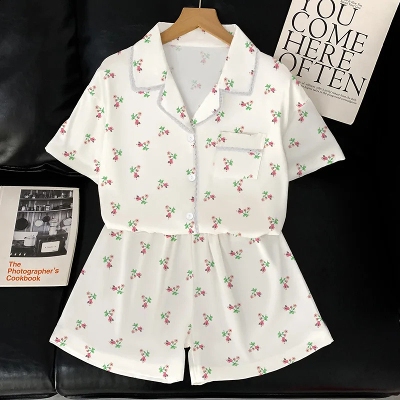Princess Style Small Floral Pajamas Female Summer Garden Fresh Ice Silk Thin Section of Short-Sleeved Casual Homewear Suit 250411