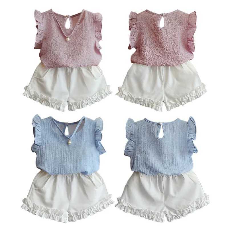 Womens Chiffon T-shirt+Shorts Set Summer Pearl Sleeveless Top Solid Color Chiffon Cute Dress 3-8 Year Childrens Clothing SetXJ250410