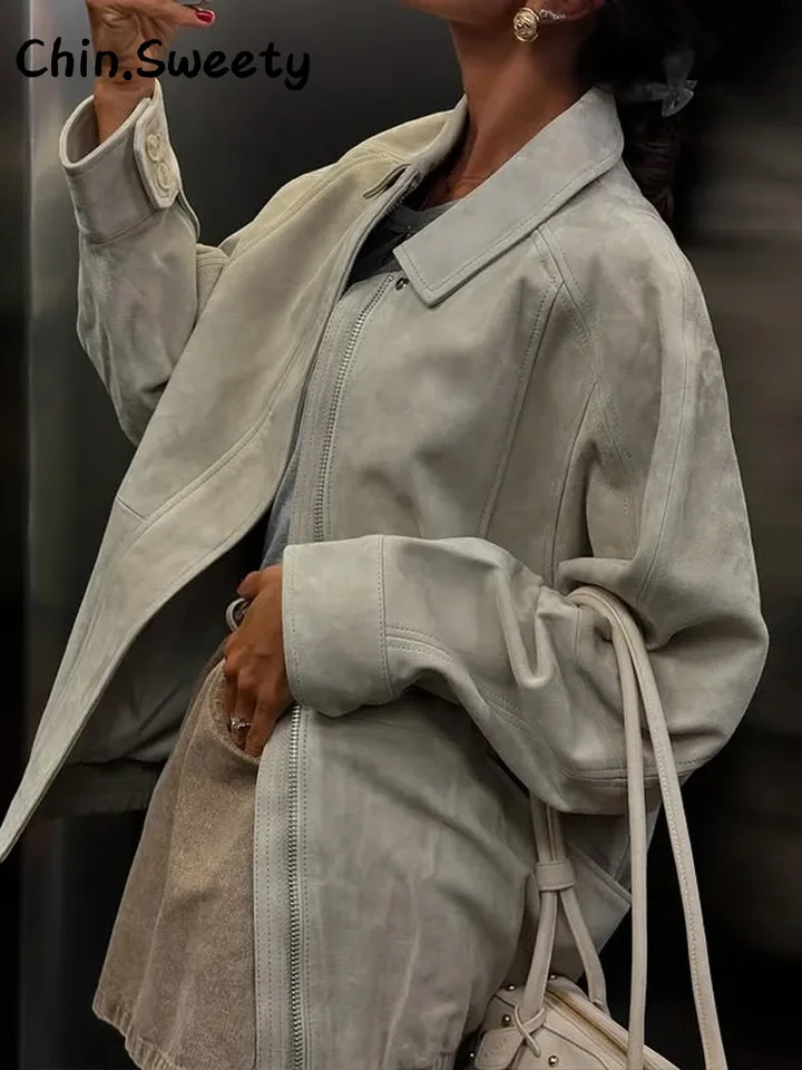 Casual Suede Ruched Jackets Women Solid Loose Lapel Full Sleeve Zipper Jacket Female Autumn Lady High Street Coats 251106