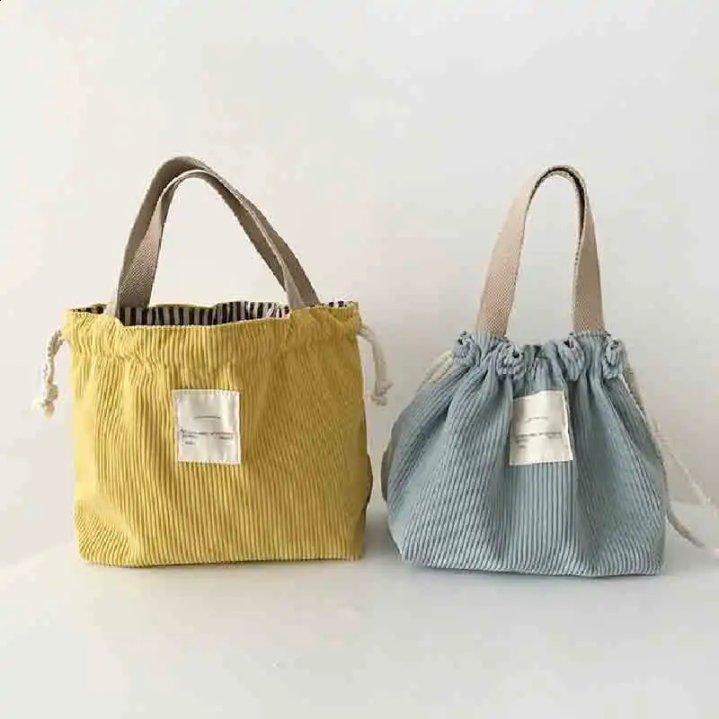Lunch bag Corduroy canvas lunch box drawstring picnic handbag eco-friendly cotton canvas mini handbag dinner container food storage bag 250410