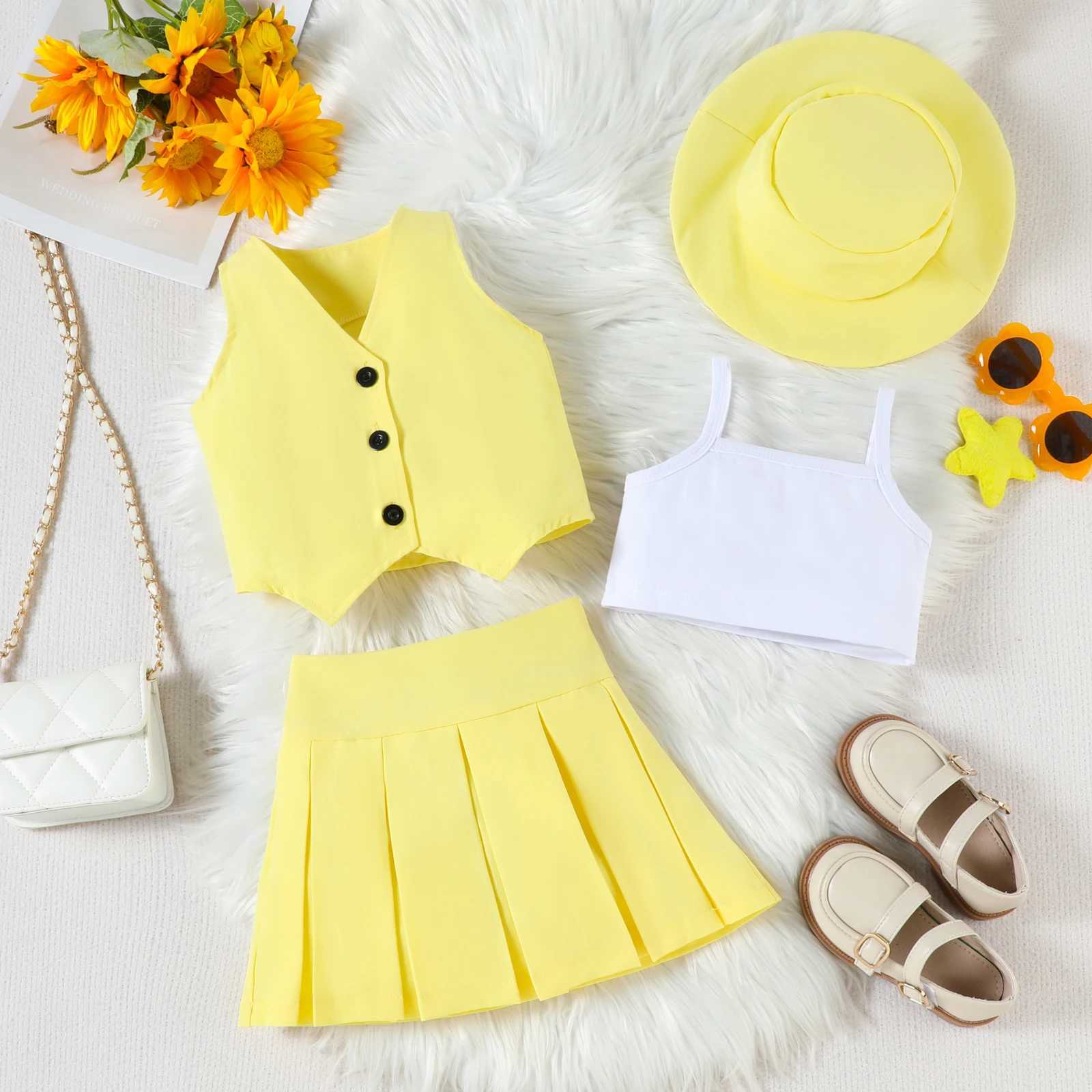 3-7Y Fashion Girls Summer Clothing Set V-neck Sleeveless Button Tank Top Cami Wrinkled Ski Hat 4pcs Childrens ClothingXJ250410