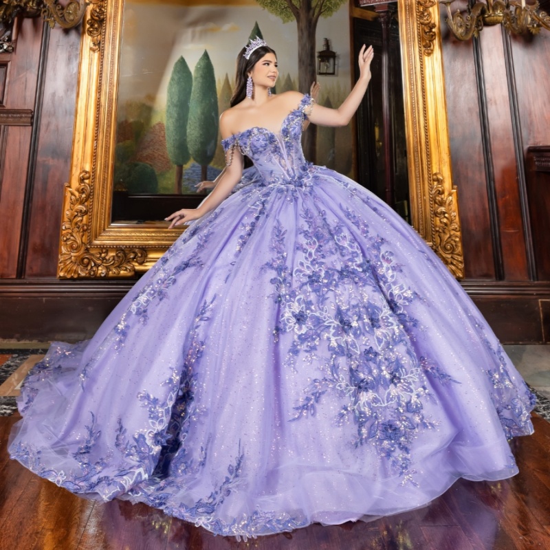 Lavender Quinceanera Dresses Off Shoulder Ball Gown Sweet 16 Dress Applique Lace Bow Beads Tull Birthday Party Vestidos 15 De Anos