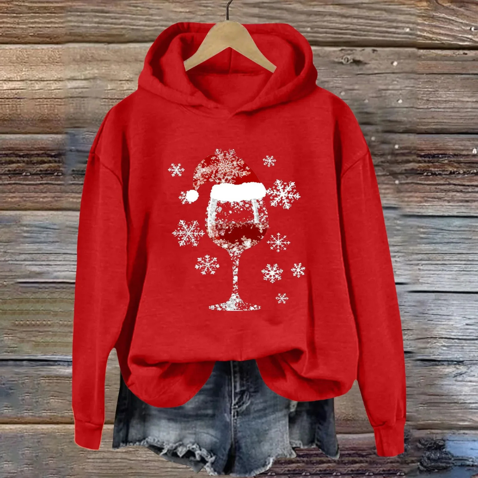 Womens Christmas Hoodie Sweatshirt Casual Fashion Red Wine Glass Printed Long Sleeve Hooded Sweatshirts Xmas Look Year Gifts 251105