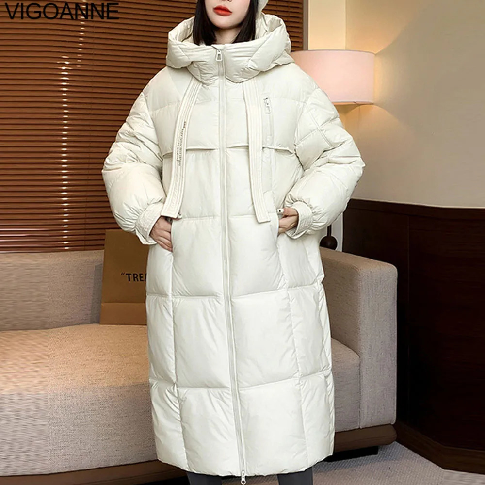 VigoAnne 2025 Loose Solid Hooded Down Long Coat Women Zipper Long Sleeve Pocket Winter Korean Jacket Lady Thick Warm Outwear 251107