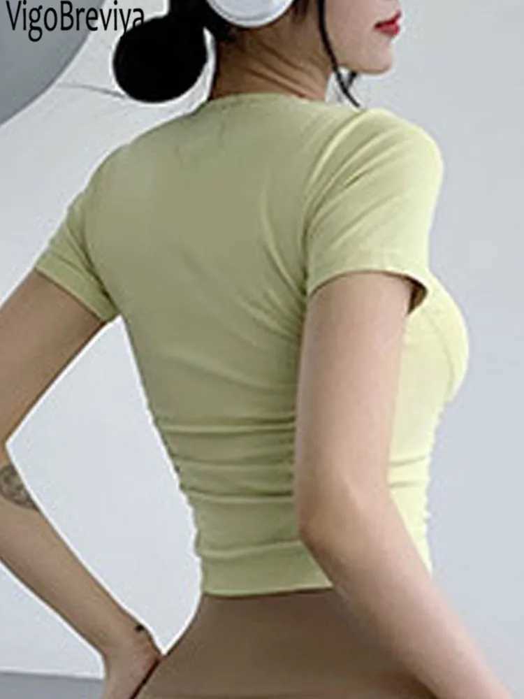 VigoBreviya short sleeved seamless yoga top 2025 solid fitness sports T-shirt gym running exercise topW250411