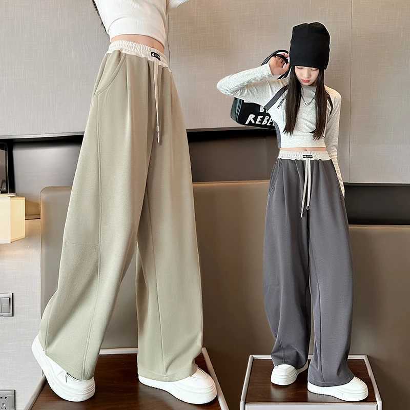 Girls Wide Leg Drawstring Pants Kids Fashion Loose Pants Children Straight Sweatpants High Waisted Spring Autumn Casual Trousers L251110
